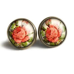 Victorian Tea Rose Stud Earrings, Nickel-Free Bronze with Backs